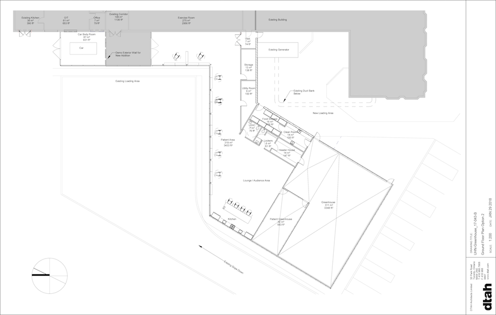 Figure 2: Renderings of the greenhouse and patient area (one or three design options) - 