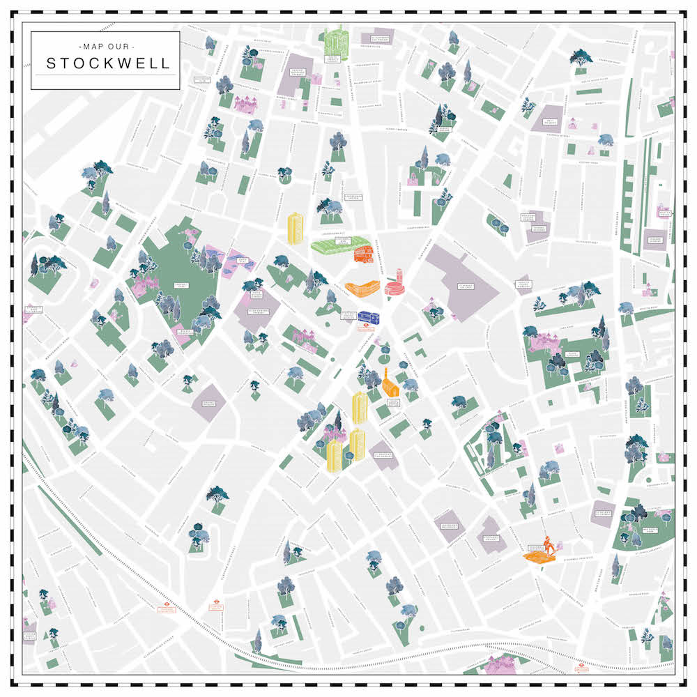 Figure 2: Map of Stockwell highlighting key landmarks, open spaces, playgrounds and schools to use as an engagement tool. - Illustration: Carmel Keren