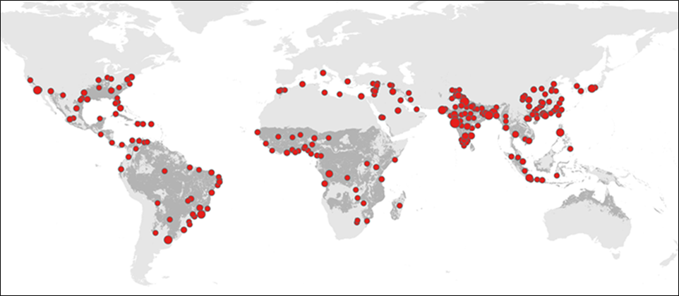 Figure 3: Cities and the distribution of the yellow fever mosquito - Dr Nick Golding, Curtin University, Perth, Australia